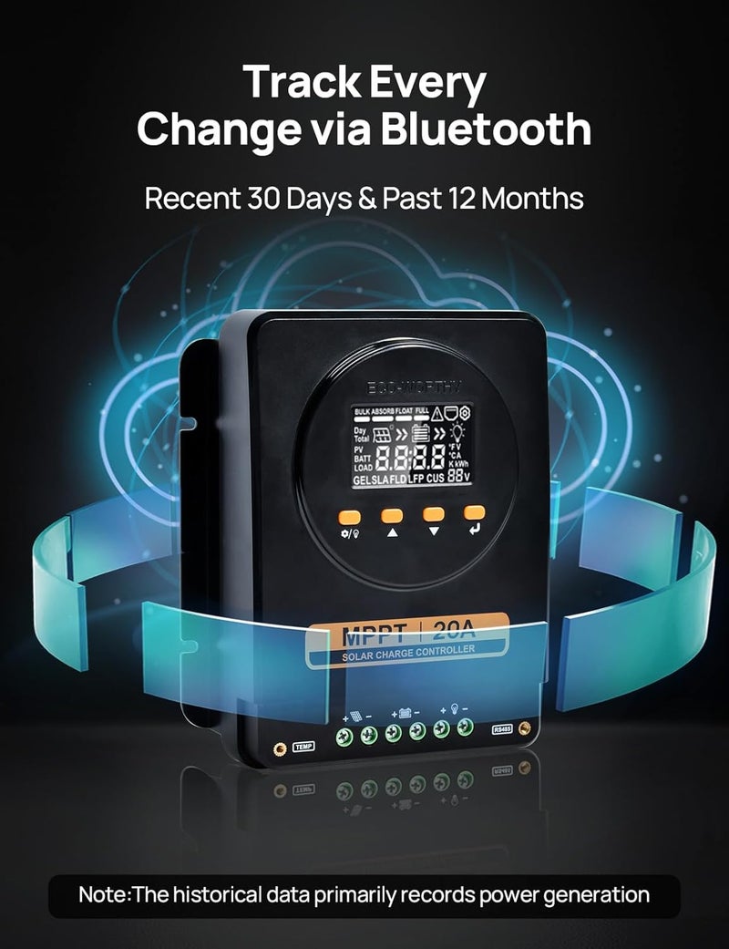 ECO-WORTHY MPPT Solar Charge Controller 12V/24V 20A,Bluetooth & APP Monitoring,LCD Display, Solar Panel Regulator for Gel,SLA,FLD,LFP Battery in Solar System,RV - Image 5